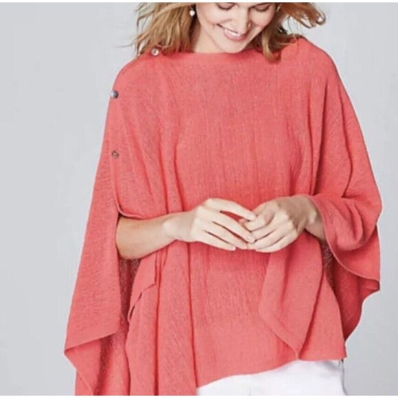 J.Jill Lightweight Knit Poncho One Size Button Beach Boho Coastal Travel Preppy - Picture 1 of 11